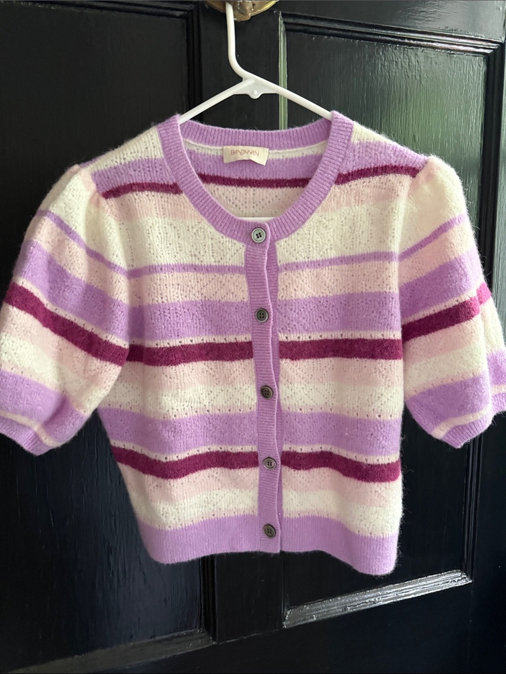 Banjanan Lilac, White & Berry Striped Short-Sleeve Button Cardigan